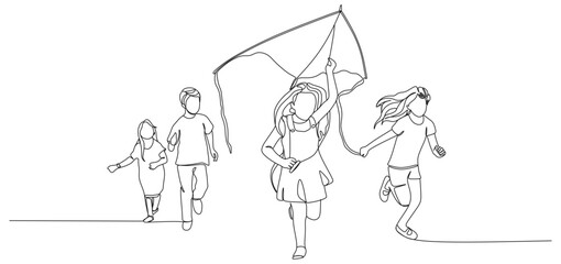 continuous line of small children running around playing kites eps 2