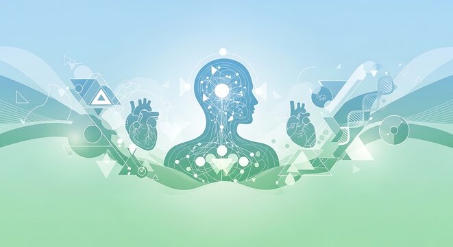 Abstract Human Head and Hearts with Geometric and DNA Elements on Gradient Background