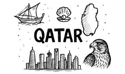 Qatar landmarks and symbols: hand drawn elements of culture and heritage