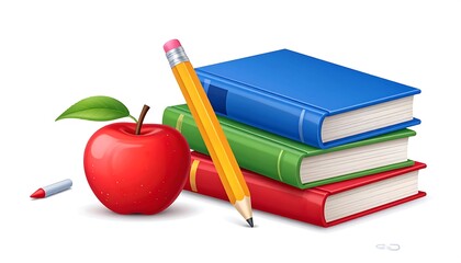 A vibrant illustration featuring educational elements, stacked colorful books are arranged with a sharpened yellow pencil, x