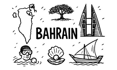 Hand drawn symbols and landmarks of bahrain featuring iconic structures and local culture