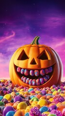 Halloween pumpkin smiles with candy teeth on a candy landscape