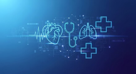 Digital Medical Illustration: Glowing Anatomical Heart, Lungs, Stethoscope, and Cross on Blue.