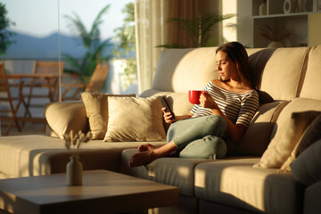 Woman drinking coffee using mobile phone sitting on a sofa