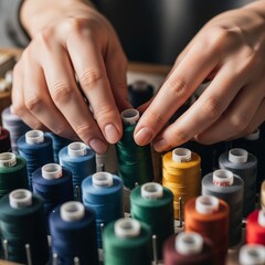 Close-up of a person selecting colorful thread spools from a sewing kit, a detailed image for sewing, tailoring, and handicraft concepts