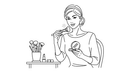 Elegant woman applying makeup with brushes and compact mirror on a vanity table in a simple line art illustration style