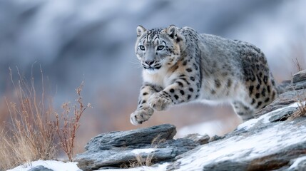 Fototapeta premium Snow leopard jumping from rocks in snowy mountain habitat