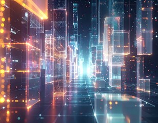 Obraz premium Abstract Digital Cityscape with Glowing Geometric Structures and Lights Background Image