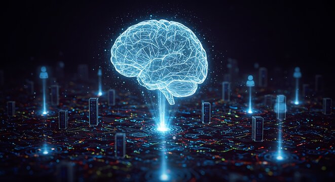 Glowing blue digital brain on futuristic circuit board with beams of light