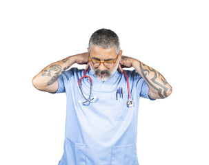 Doctor suffering from neck pain on transparent background