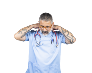 Doctor suffering from neck pain on transparent background