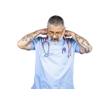 Doctor suffering from neck pain on transparent background