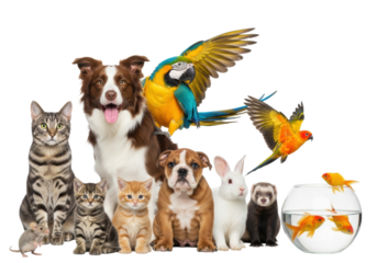 Happy Border Collie, macaws, and various domestic pets on transparent studio background, high-key, concept of interspecies animal harmony.