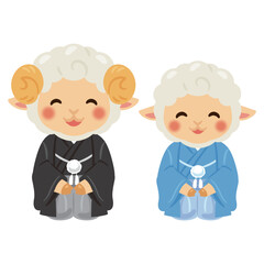 晴れ姿で笑顔な未年のキャラクター　親子