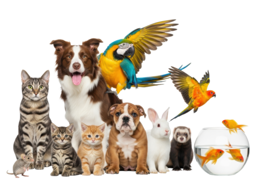 Happy Border Collie, macaws, and various domestic pets on transparent studio background, high-key, concept of interspecies animal harmony.