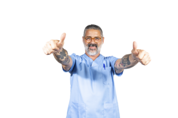 Smiling doctor giving thumbs up with transparent background