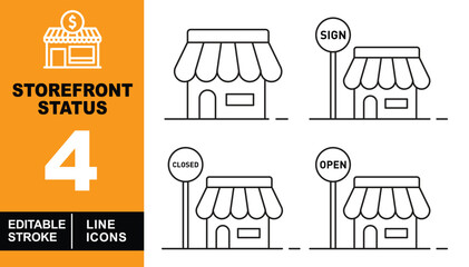 Storefront Status line icon set. Storefront, Sign, Closed, Open, and more. Editable stroke icons collection.