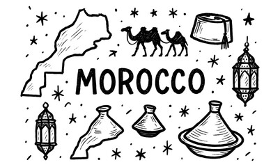 Fototapeta premium Moroccan culture icons: traditional elements and symbols in sketch style