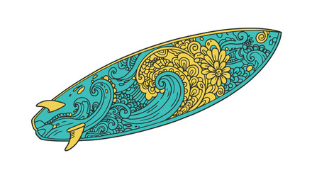Ornate Surfboard Design with Ocean Wave Pattern.