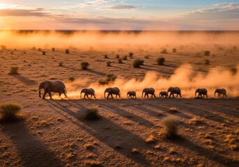 A large herd of farm animals grazing on a vibrant green field at sunset