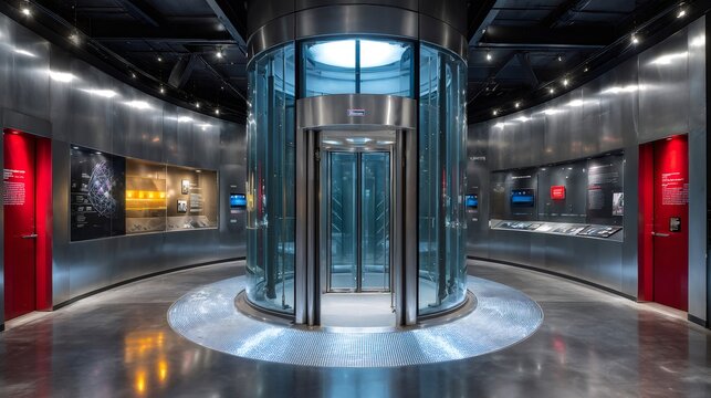 Circular glass elevator in modern building lobby with metal walls and informative displays