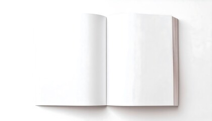 Naklejka premium Open Blank Book on White Surface, Minimalist Composition, Clean Aesthetic.