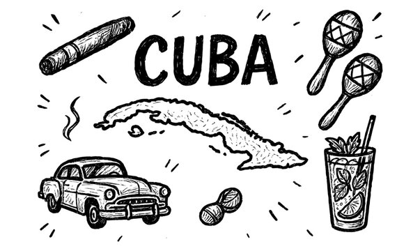 Hand drawn cuba icons: car, map, cigar, maracas, and mojito