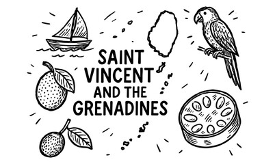 Hand-drawn saint vincent and the grenadines elements featuring local fruits and wildlife