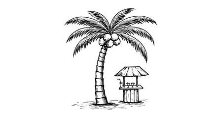 Palm tree with coconuts and beach bar stand.