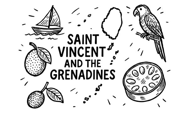 Hand-drawn saint vincent and the grenadines elements featuring local fruits and wildlife