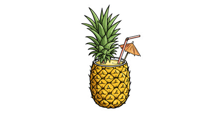 Pineapple Drink in Pineapple Cup with Straw and Umbrella.