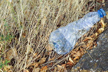 A bottle thrown out in nature. Disposable plastic waste on parched grass. Concept of climate change impact and water scarcity. Strong visual for global warming, sustainability and human responsibility