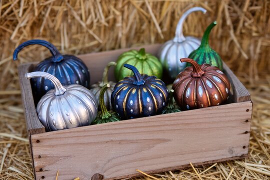 Colorful metallic painted mini gourds in rustic wooden crate with straw background, autumn harvest decorative pumpkins close up in natural daylight