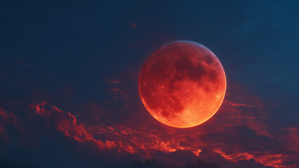 Blood moon glowing in red clouds