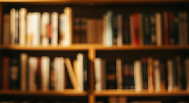 Blurred image of a wooden bookshelf filled with old books