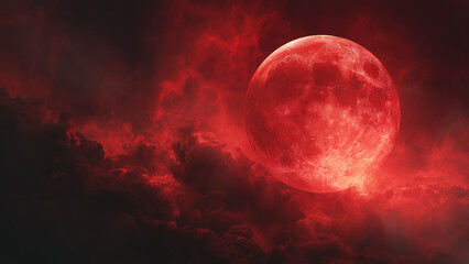 Blood moon over twilight sky