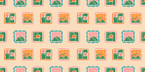 Colorful floral seamless pattern illustration. Vintage style flower frame background design. Geometric natural wallpaper print, spring season nature backdrop texture with flowers.