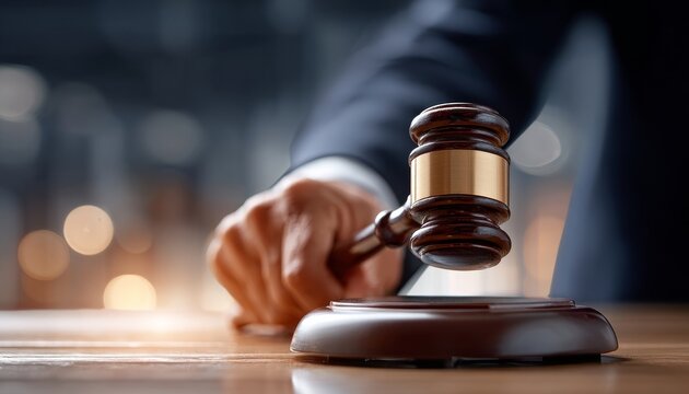 A close-up of a gavel held by a hand, representing legal proceedings and judicial authority.