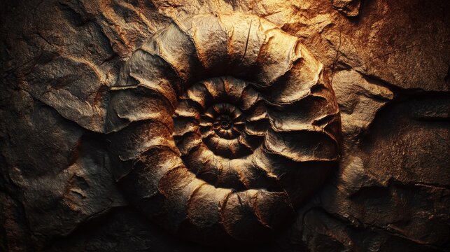 National Fossil Day. 3D visualization of an ammonite fossil embedded in rock, photorealistic textures, dramatic studio lighting, ultra-detailed CGI,