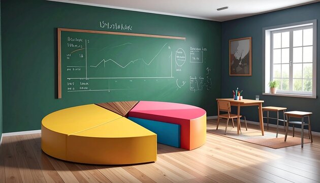 3D Pie Chart in Classroom with Chalkboard Analytics