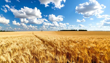 A vast golden wheat field stretches towards the horizon under a brilliant blue sky dotted with fluffy white clouds