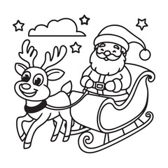Fototapeta premium Santa Claus Riding Sleigh with Reindeer Black and White Coloring Page Illustration. Colouring Book Design. 