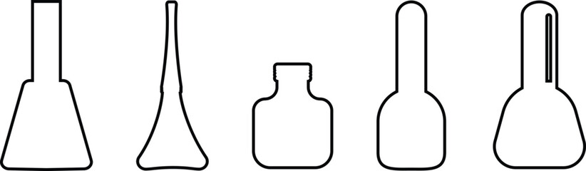 Nail polish bottle icon set in black silhouette and line outline style, beauty cosmetic container group, minimal vector collection for manicure, pedicure, and salon design