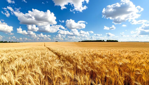 A vast golden wheat field stretches towards the horizon under a brilliant blue sky dotted with fluffy white clouds - Powered by Adobe