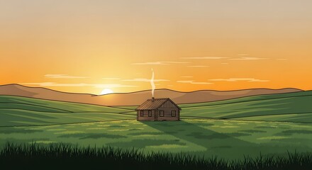 Obraz premium Cozy Wooden Cabin Silhouette at Colorful Sunset in Green Field