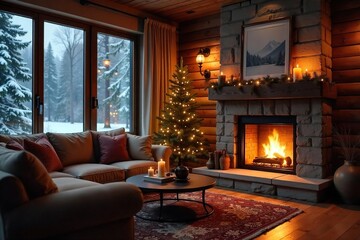 Cozy living room with warm fireplace providing ambient heating, creating a relaxing atmosphere Perfect for winter, hygge, and home comfort themes , heat, logs, ambient