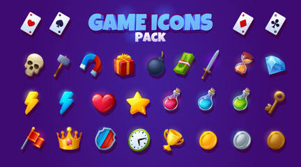 Game icons with signs of key, playing cards, money © Cahya