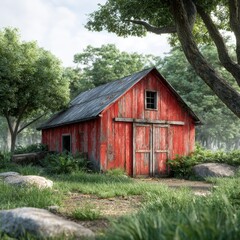 Obraz premium A red old barn with a weathered roof is situated in a natural environment surrounded by green trees and grass.
