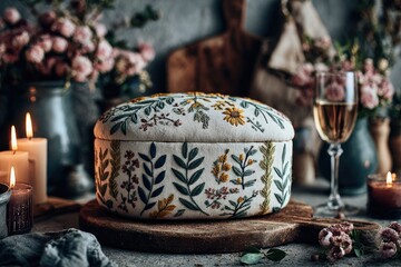 Hand-embroidered floral box on wooden board