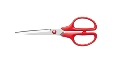 A single pair of closed scissors with vibrant red plastic handles and polished silver blades, lying horizontally on a transparent background with copy space. Concept of precision and functionality